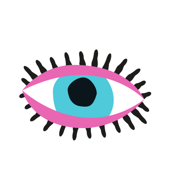 Icon of the culturally recognized eye painted in pink, black and blue