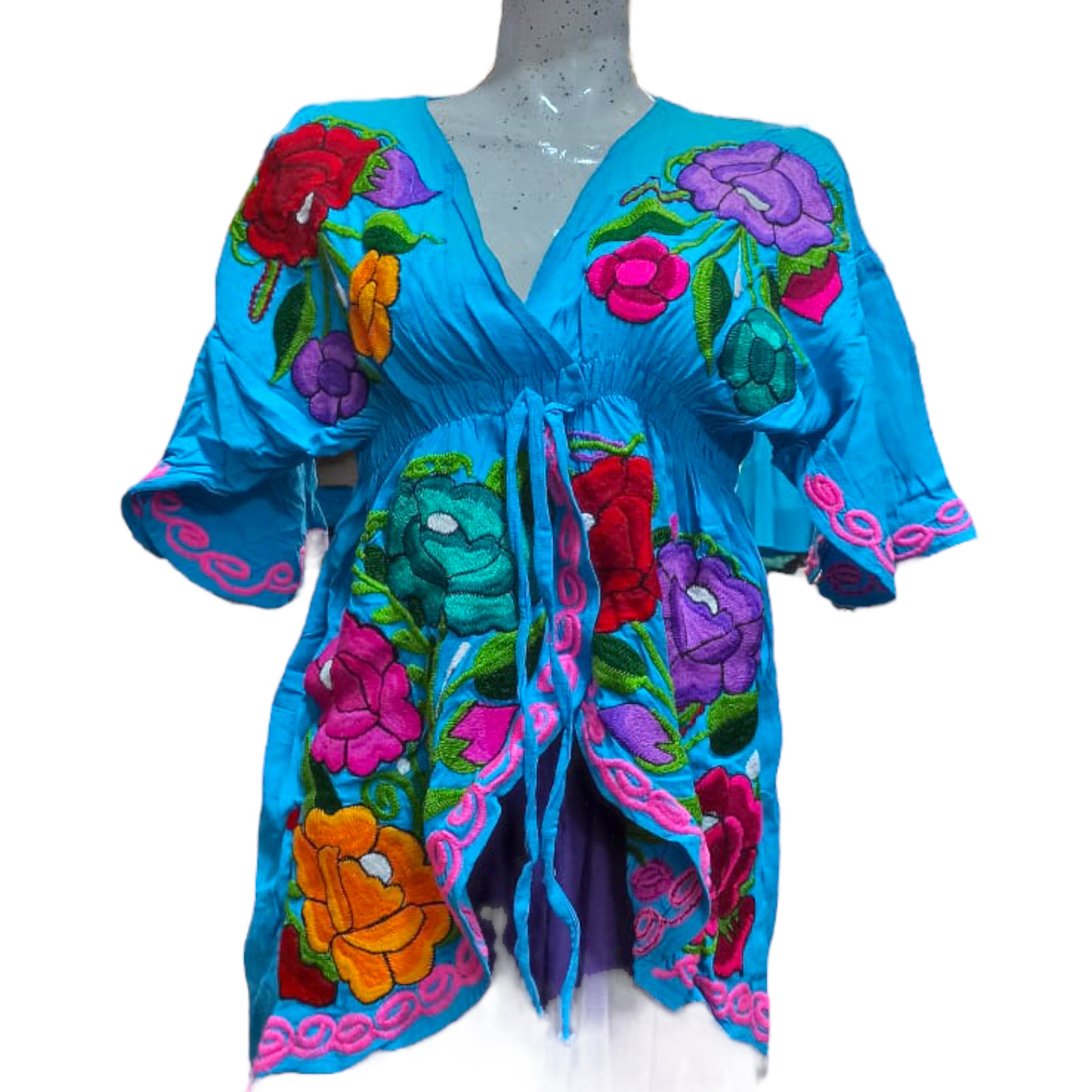 World fashion long-tailed blue blouse with embroidered pink, orange and purple flowers in different sizes.