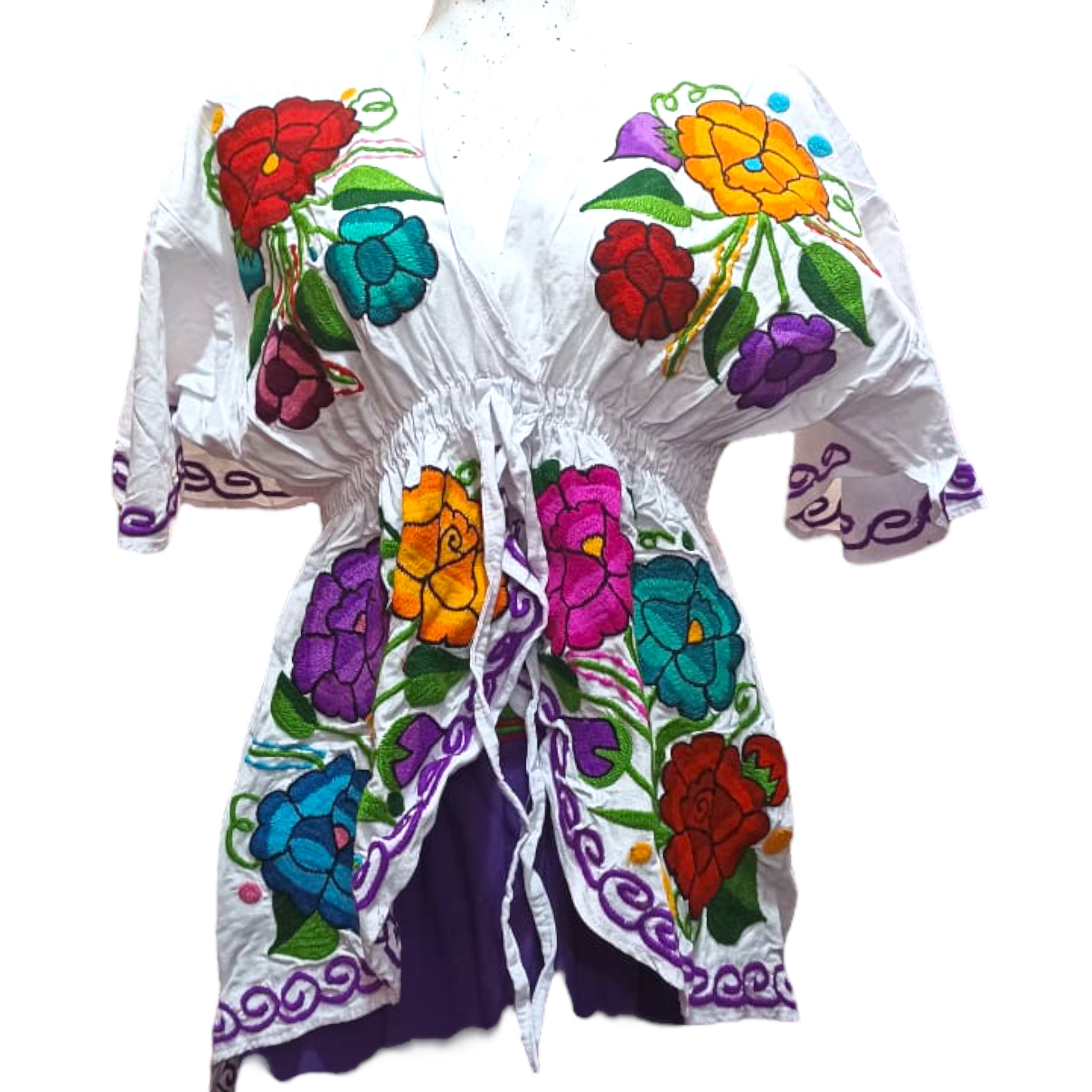 World fashion long-tailed white blouse with embroidered pink, orange and purple flowers of different sizes.
