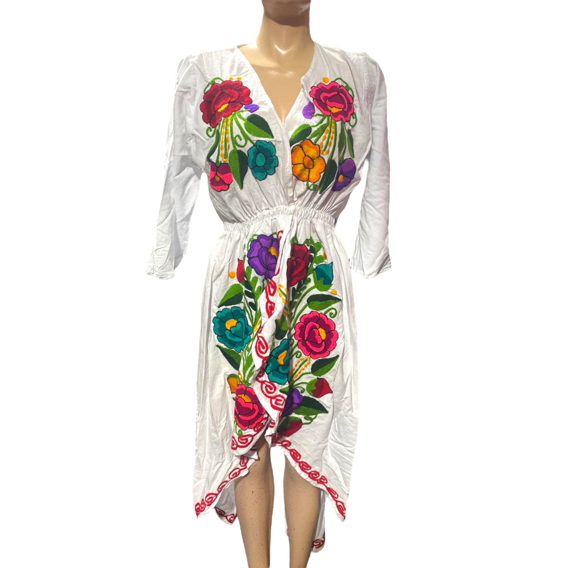 White long-tailed dress with embroidered flowers of different sizes in purple, teal, and pink.