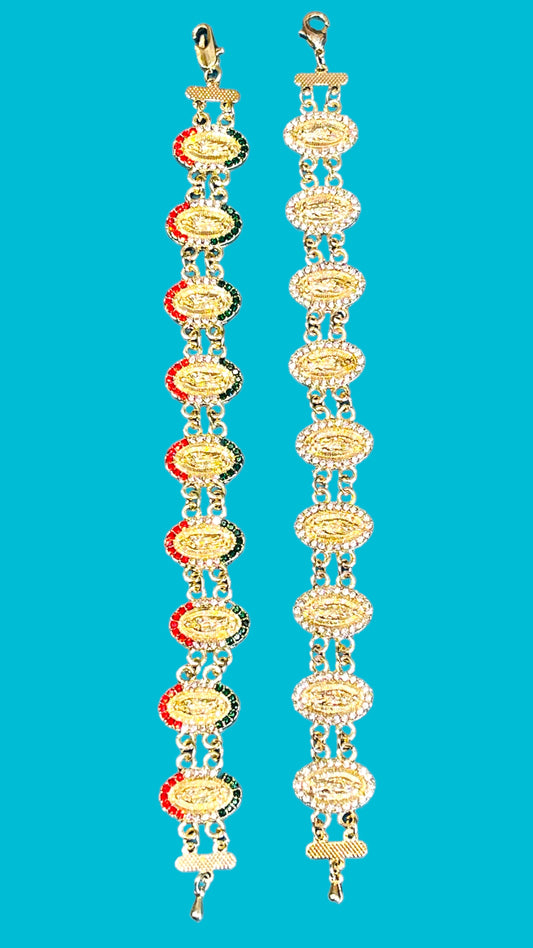 Pulseras multiculturales de la virgen de Guadalupe bañadas en oro