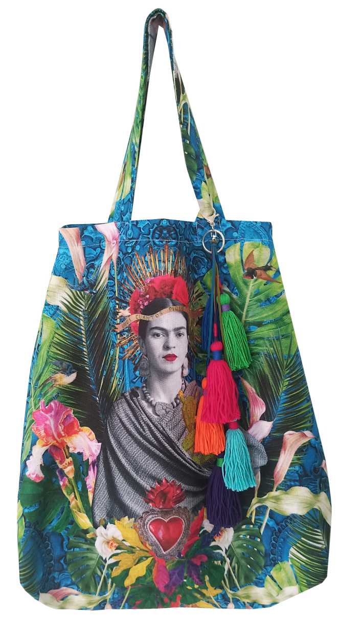Green textured tote bag viva la vida with an illustration of Frida Kahlo in the center of the bag. It has Mexican art embellishments such as the famous red heart, pink flowers, green leaves and a key chain in different colors