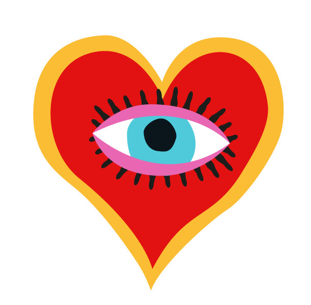 Red and yellow heart icon with cultural eye in the center