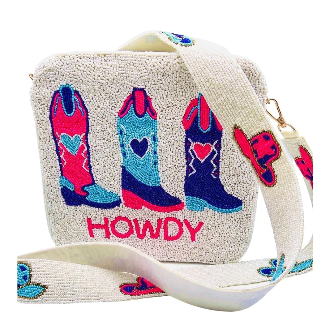 Cowboy-themed collection white bag with three pink,blue and orange blue texan boots as ornament 
