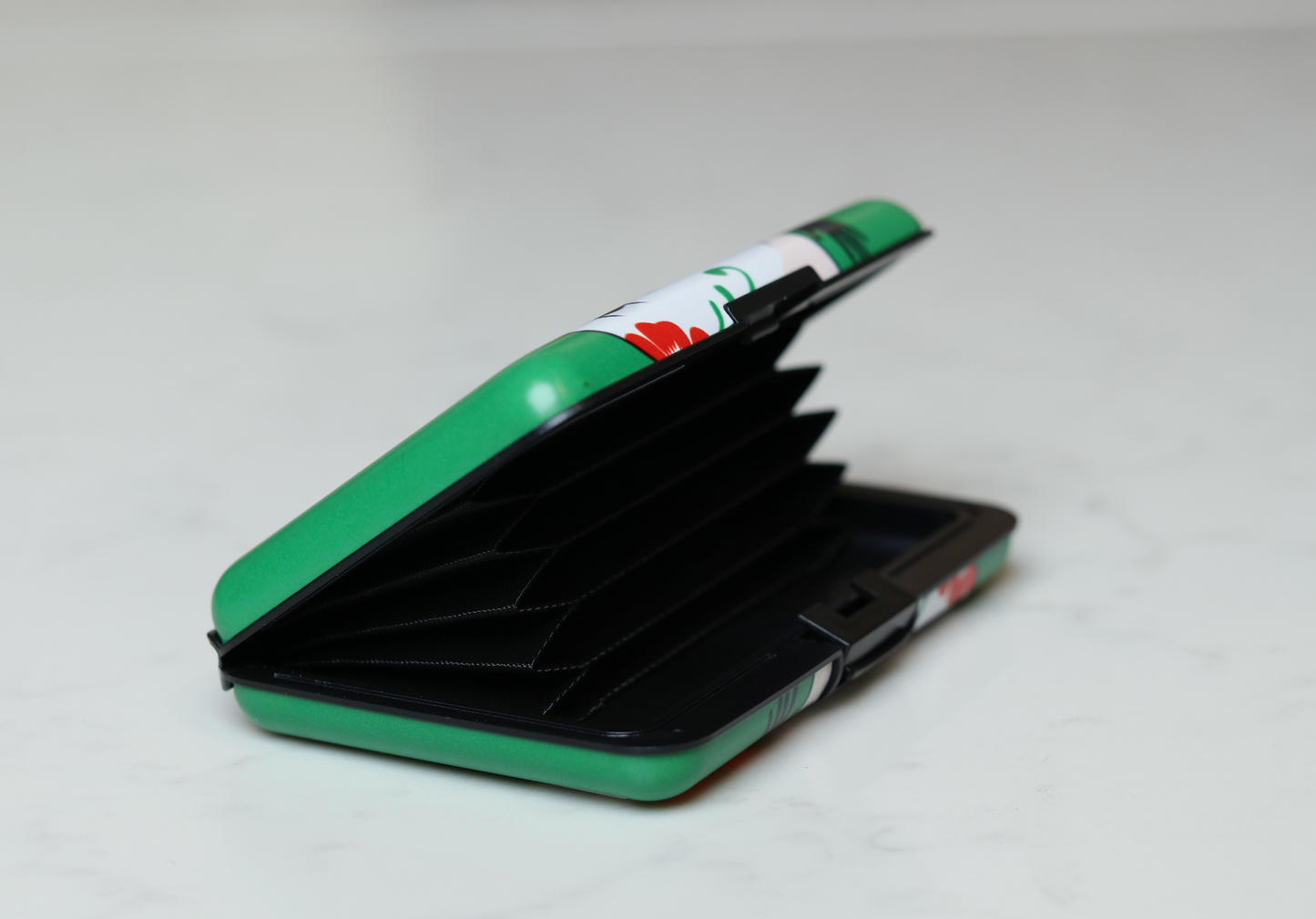 Multicultural green secure armored open wallet.
