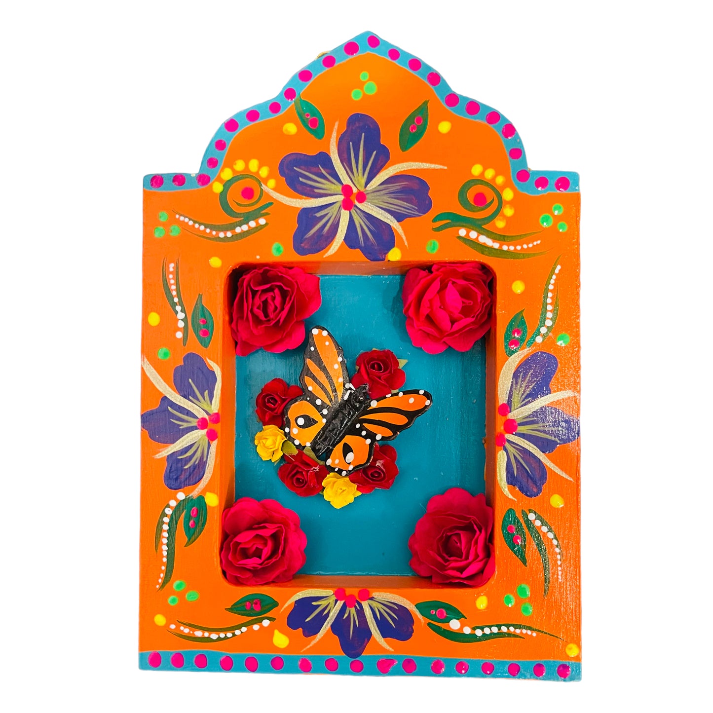 Hand painted cultural niches for home decoration. In the center of the wooden box are four red roses and a handmade orange butterfly with blue background. Around it are hand painted some purple flowers, yellow dots and green leaves 