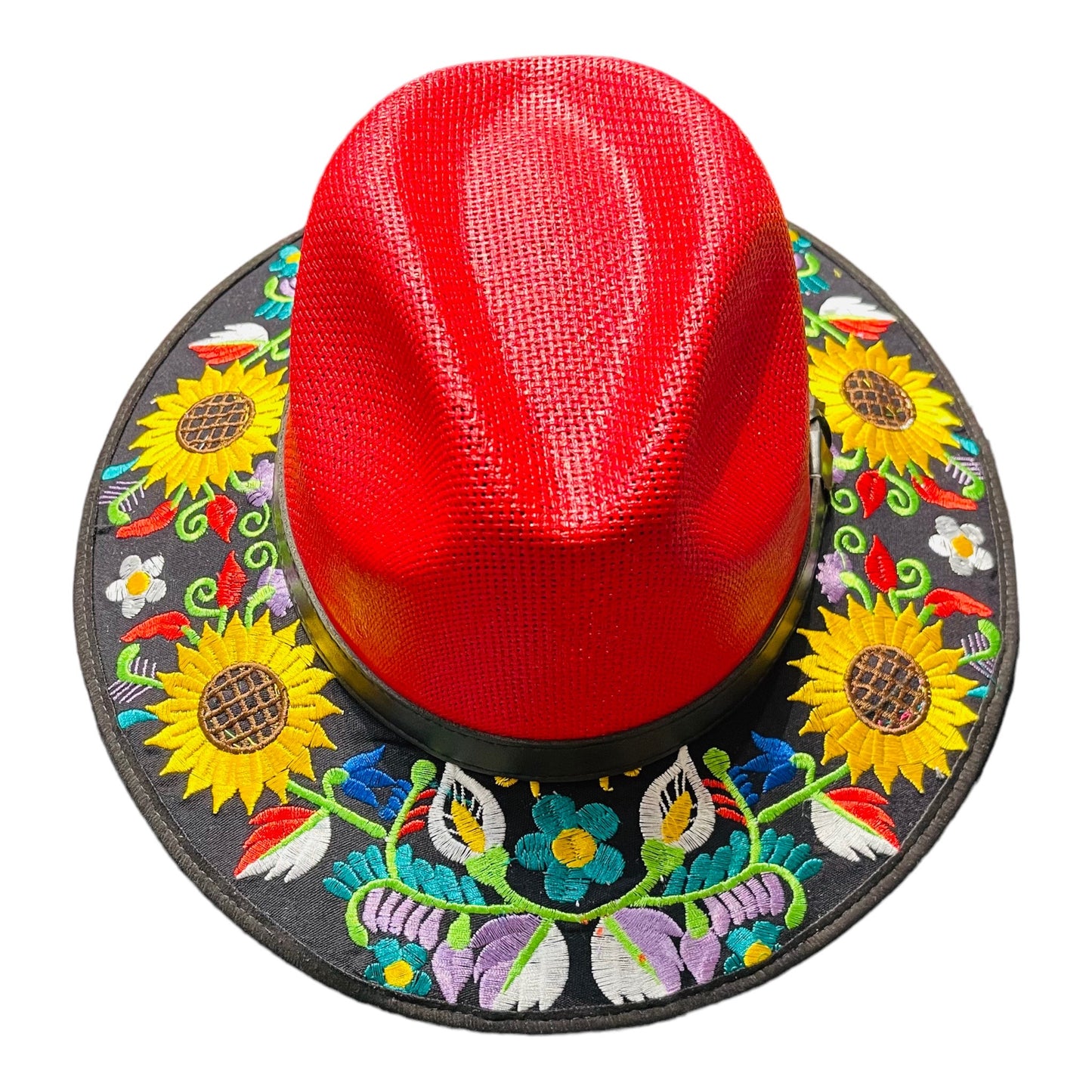Hand embroidered red brim hat, the perfect accessory to add some fun and style to any outfit. With yellow daisies, purple flowers and green leaves around the hat as multicultural ornaments. 