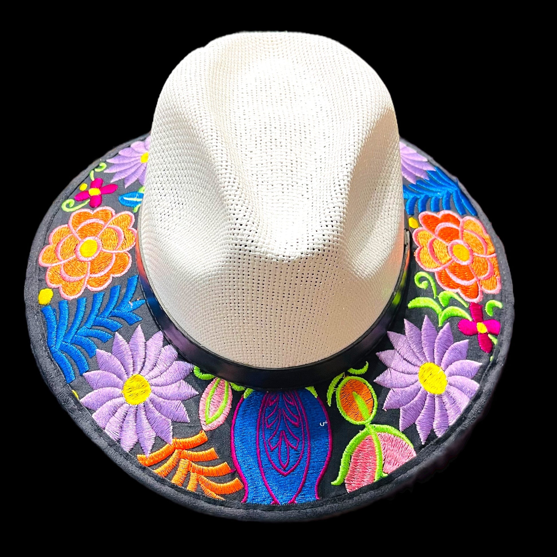  Hand embroidered white brim hat, the perfect accessory to add some fun and style to any outfit. Embellished with multicultural purple, orange and green leaf flowers. 