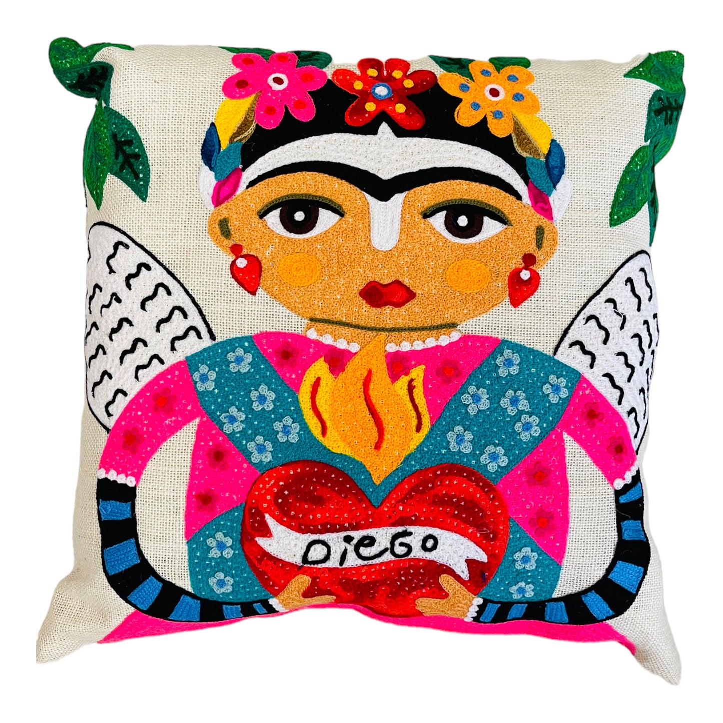 Hand embroidered white pillow with an image of Frida Kahlo with the famous Mexican red heart and the word diego in the center. 