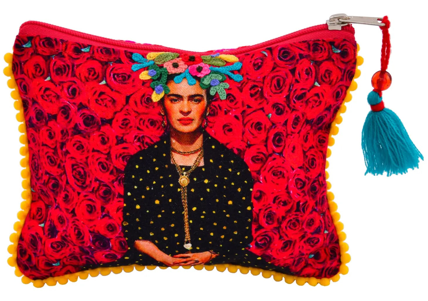 Red roses purse designs embroidered with the image of Mexican artist Frida Kahlo in the center dressed with black outfit and yellow dots