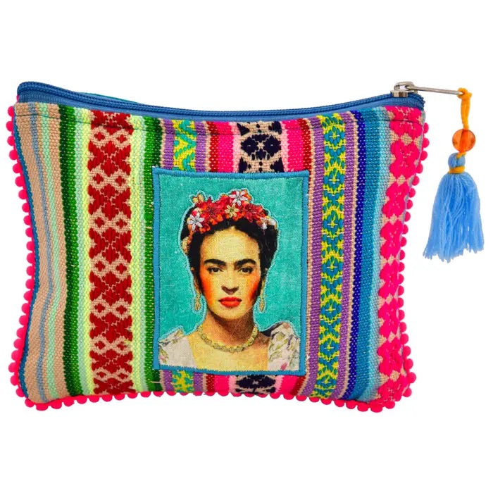 Embroidered purse design with different colors blue, pink and green. In the center is the image of the artist Frida Kahlo with a teal background and she has on her head the wreath of flowers that identified her. 