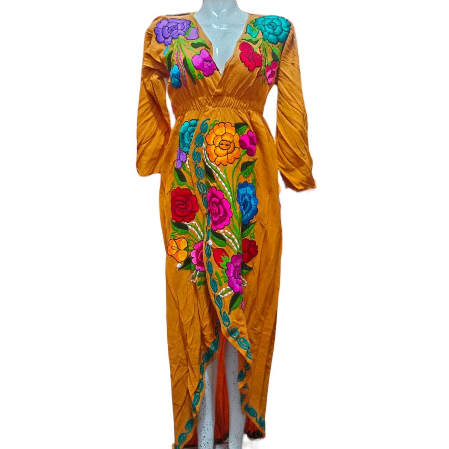 Mustard long-tailed dress with embroidered flowers of different sizes in purple, teal, orange and pink. 