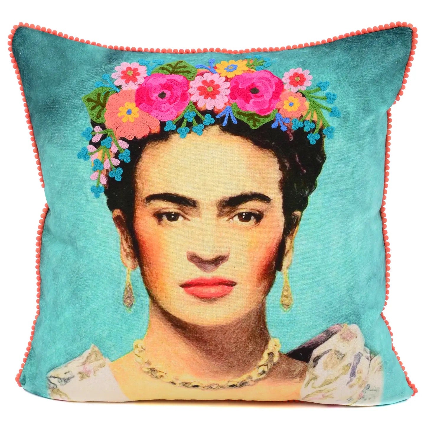 Hand embroidered teal pillow with an illustration of Frida Kahlo with a wreath of flowers in different colors on her head. In the image, she is wearing a gold necklace and earrings and a white blouse.