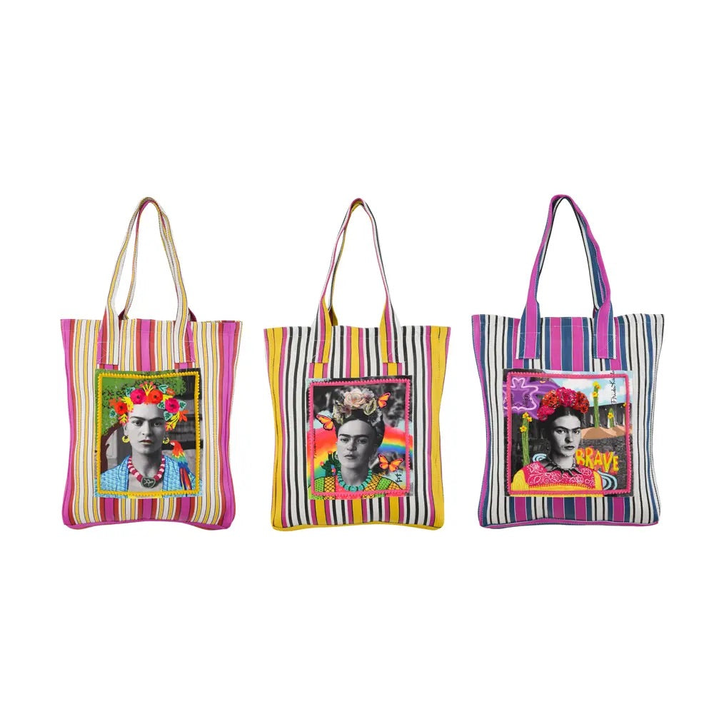 Multicolored recycled plastic tote bag printed with the illustration of Mexican artist Frida Kahlo in the middle. 