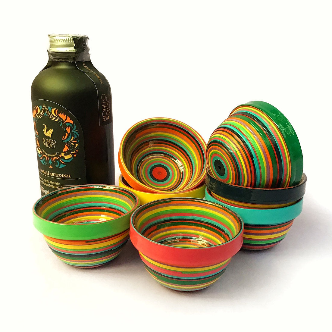 Set of six multicolored serpentine mezcaleros